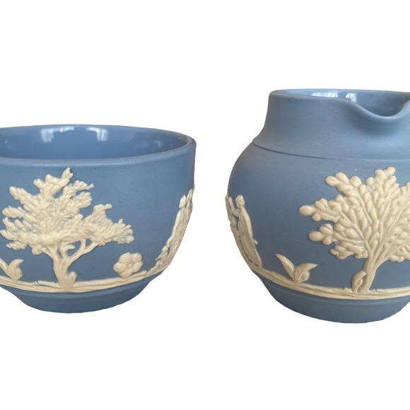 Vtg DUDSON & HANLEY England Blue Jasper Ware GREEK MUSES Mini Creamer+Sugar Bowl - Picture 3 of 6
